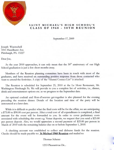 Invitation Letter - St. Michael High School 50th Reunion Pittsburgh Pa.